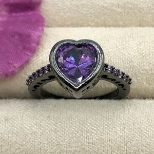 Purple Crystal Heart Oxidized Sterling Silver Plated Engagement Ring